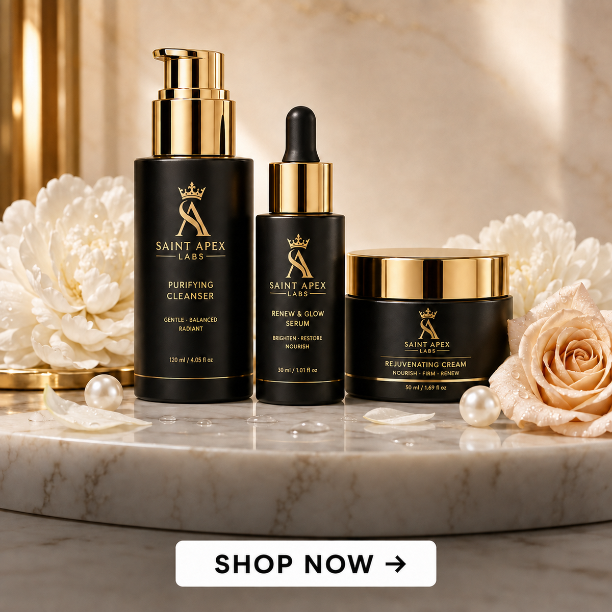 Saint Apex Labs luxury skincare lineup with a glowing model against a black and gold ornate backdrop.