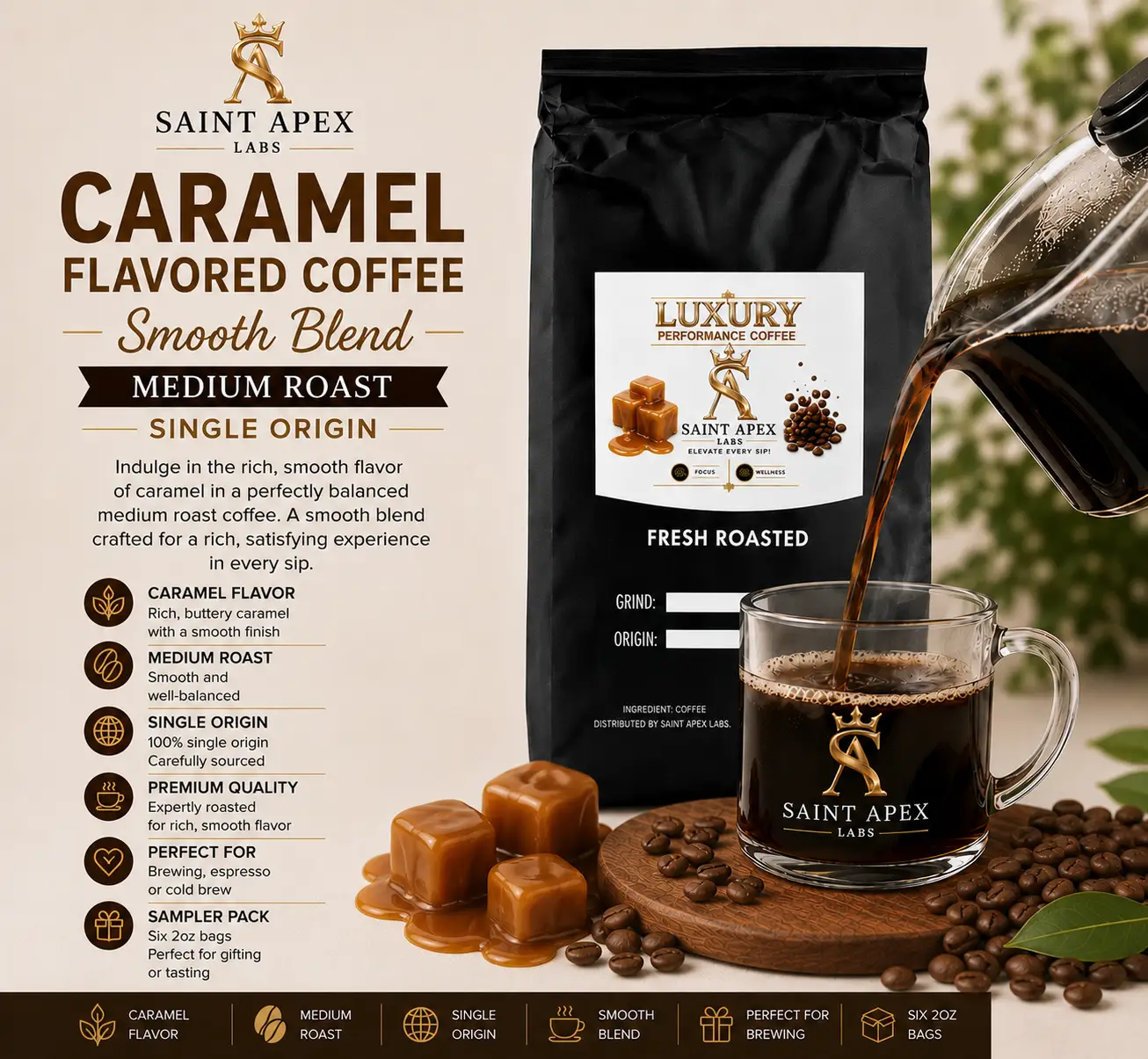 Caramel Flavored Coffee Medium Roast Single Origin Smooth Blend by DRIPSHIPPER