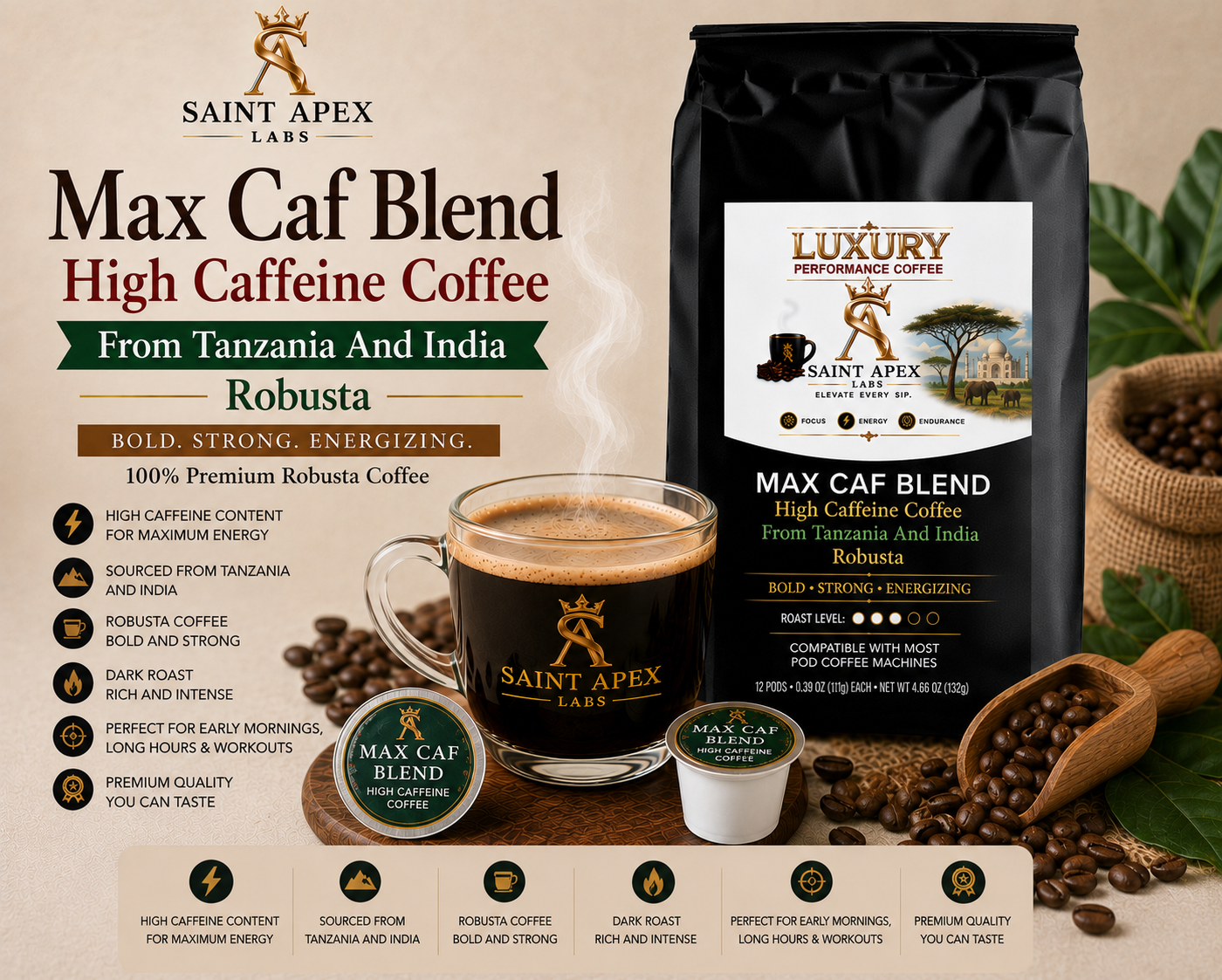 Max Caf Blend High Caffeine Coffee From Tanzania And India Robusta
