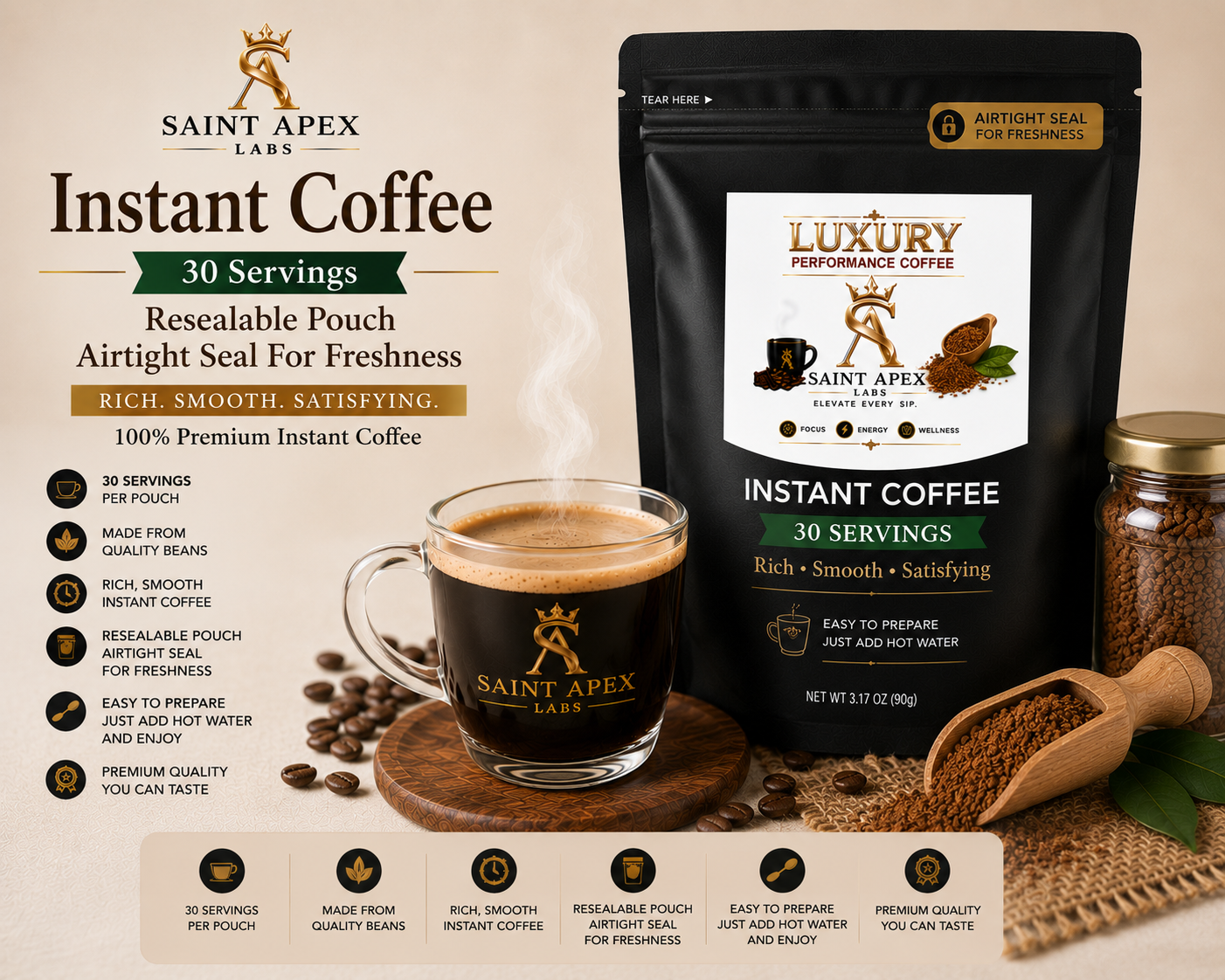 Instant Coffee 30 Servings Resealable Pouch Airtight Seal For Freshness