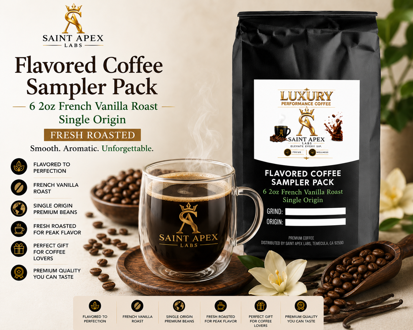 Flavored Coffee Sampler Pack 6 2oz French Vanilla Roast Single Origin