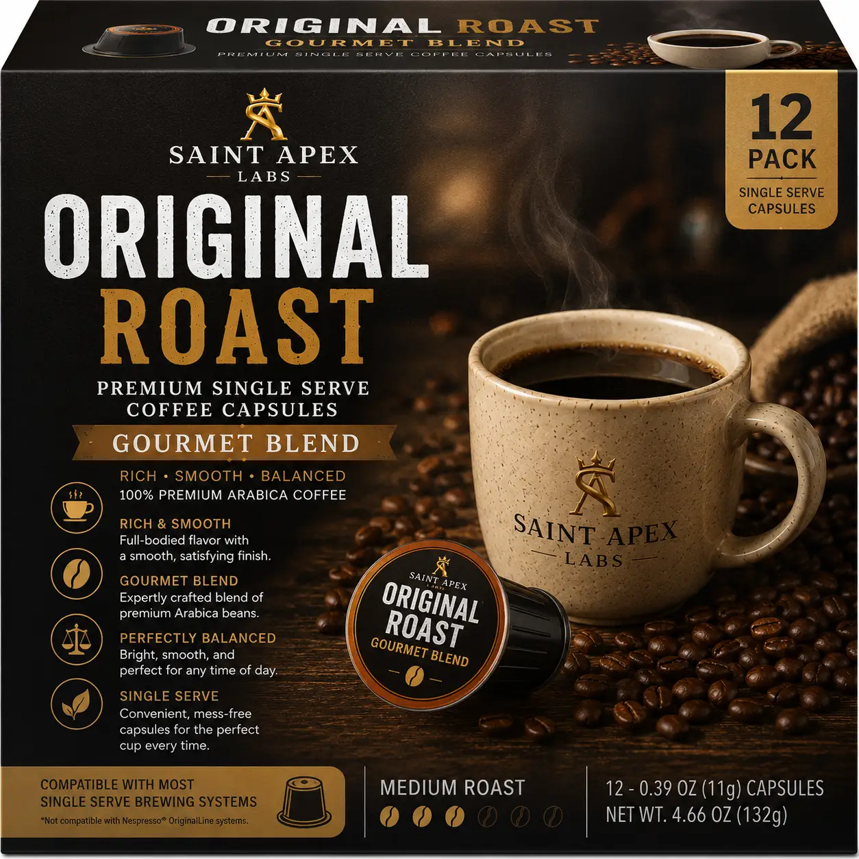 Original Roast Premium 12 Pack Single Serve Coffee Capsules Gourmet Blend by DRIPSHIPPER