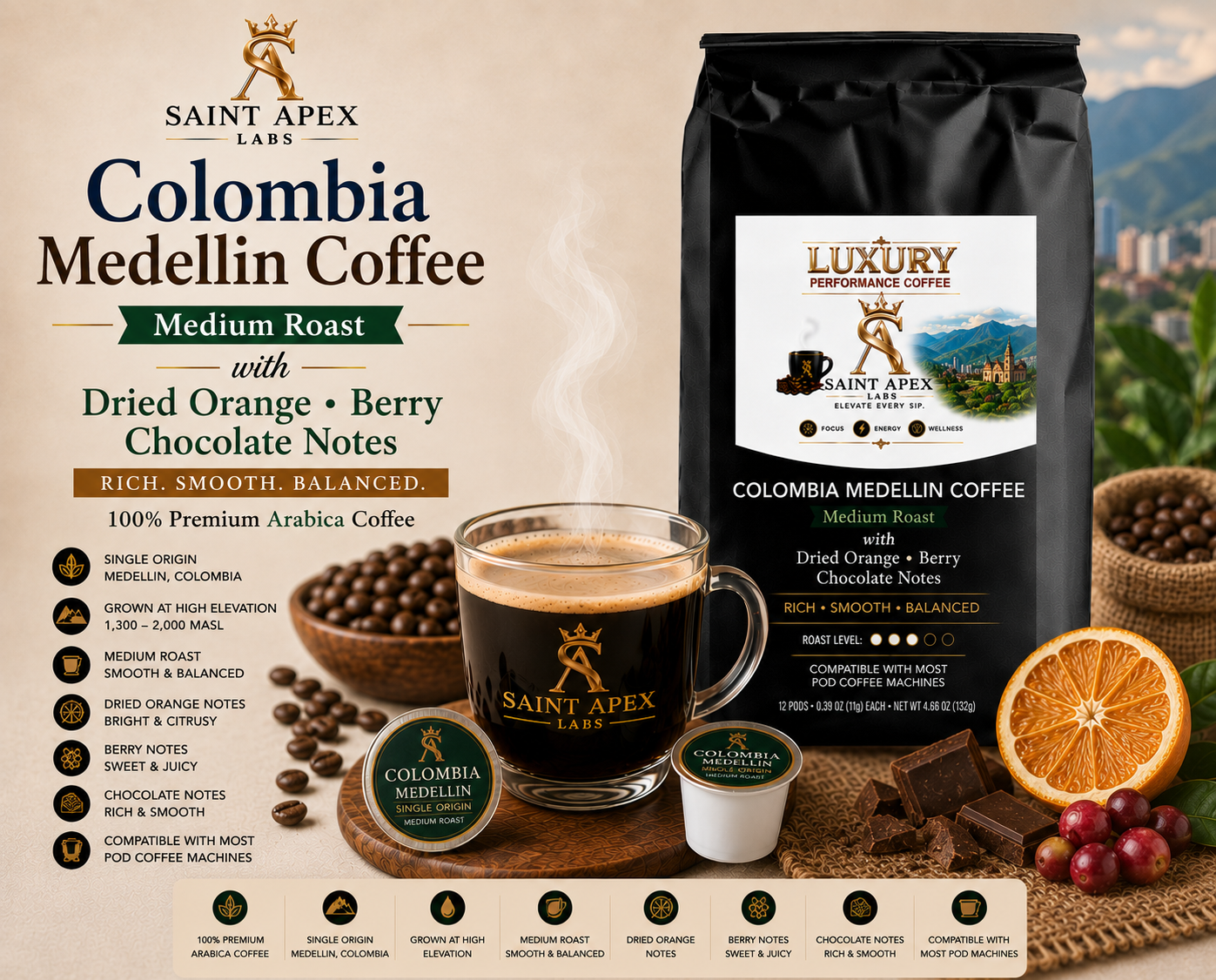 Colombia Medellin Coffee Medium Roast with Dried Orange Berry Chocolate Notes