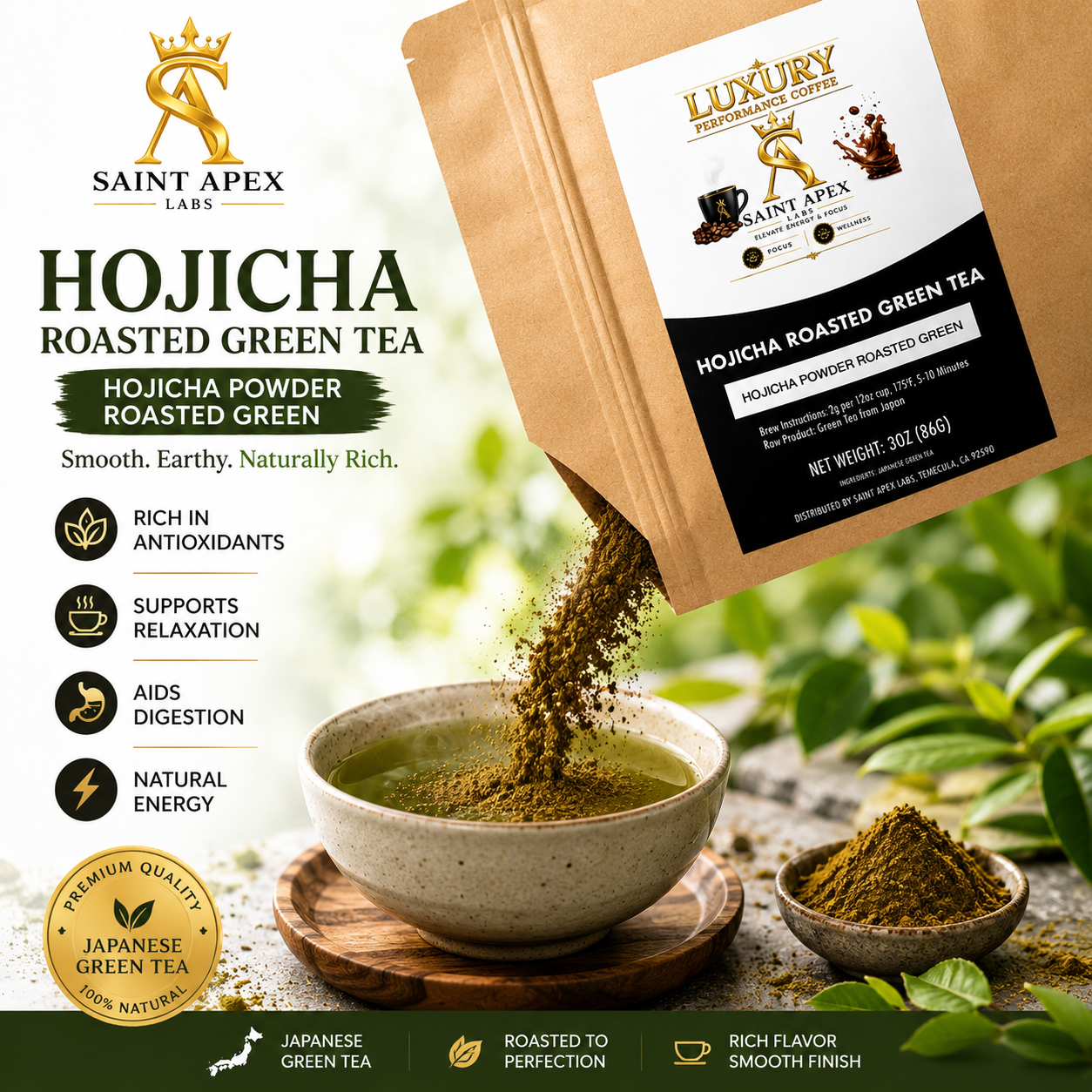 Hojicha Roasted Green Tea Powder Stone Milled With Toasted Cereal Umami Notes