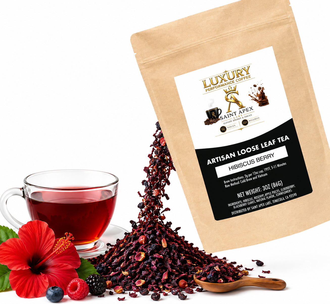 Organic Hibiscus Berry Tea Flavored With Blueberry Mango Passionfruit Rooibos