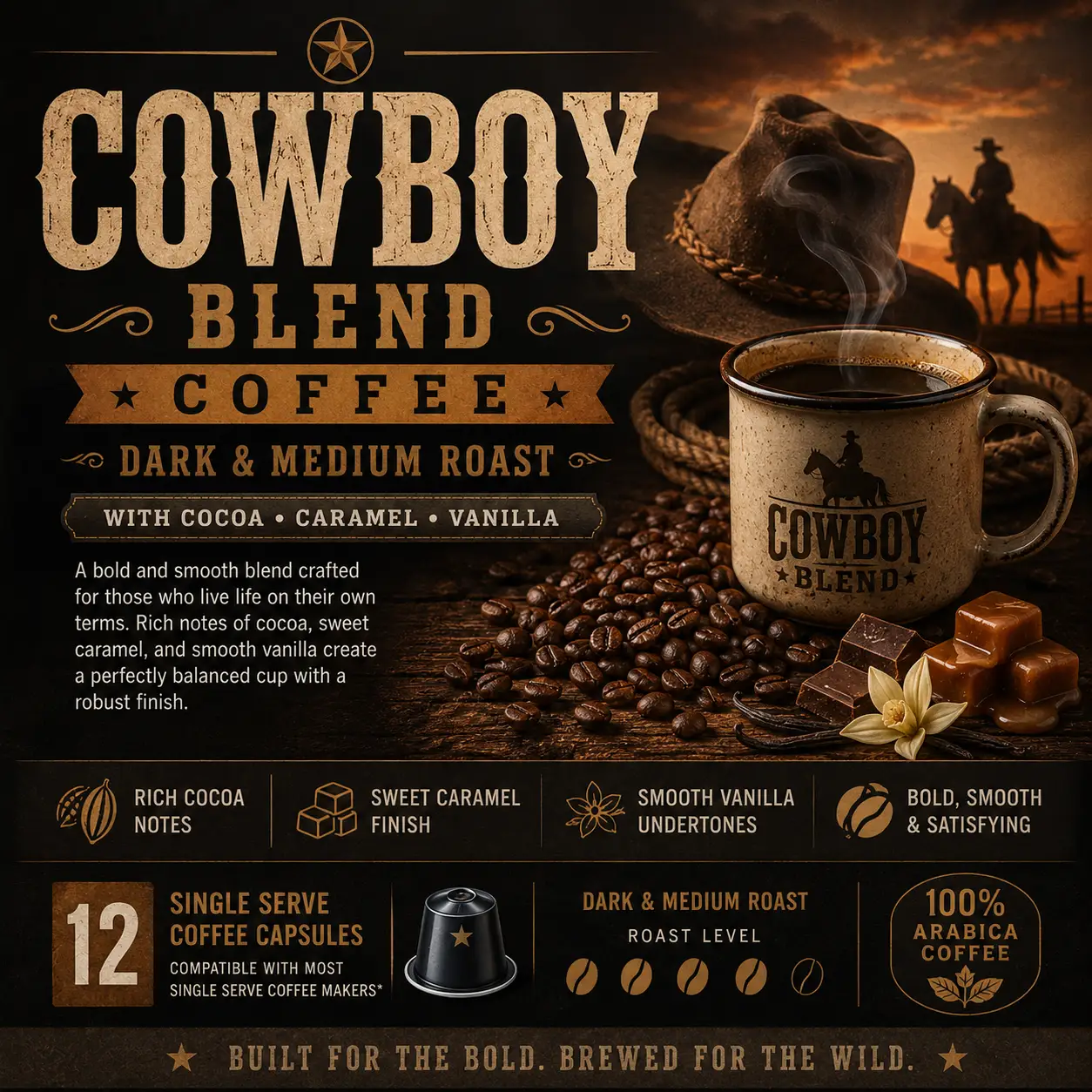 Cowboy Blend Coffee Dark And Medium Roast With Cocoa Caramel Vanilla by DRIPSHIPPER