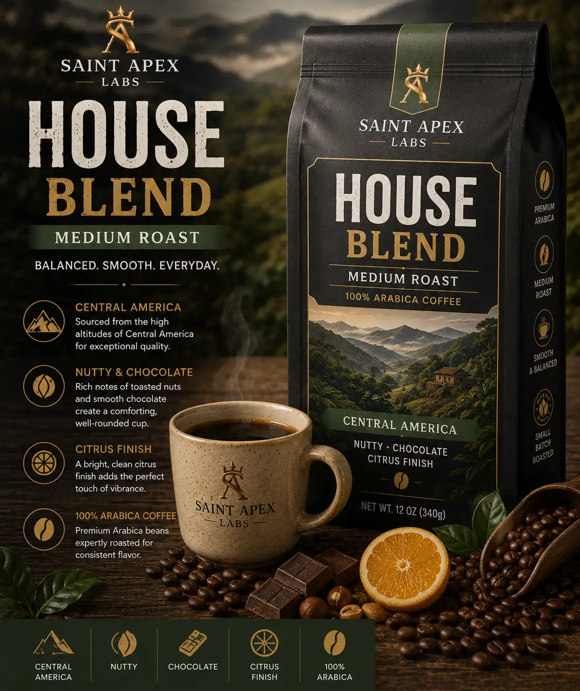 House Blend Medium Roast Coffee Central America Nutty Chocolate Citrus Finish by DRIPSHIPPER