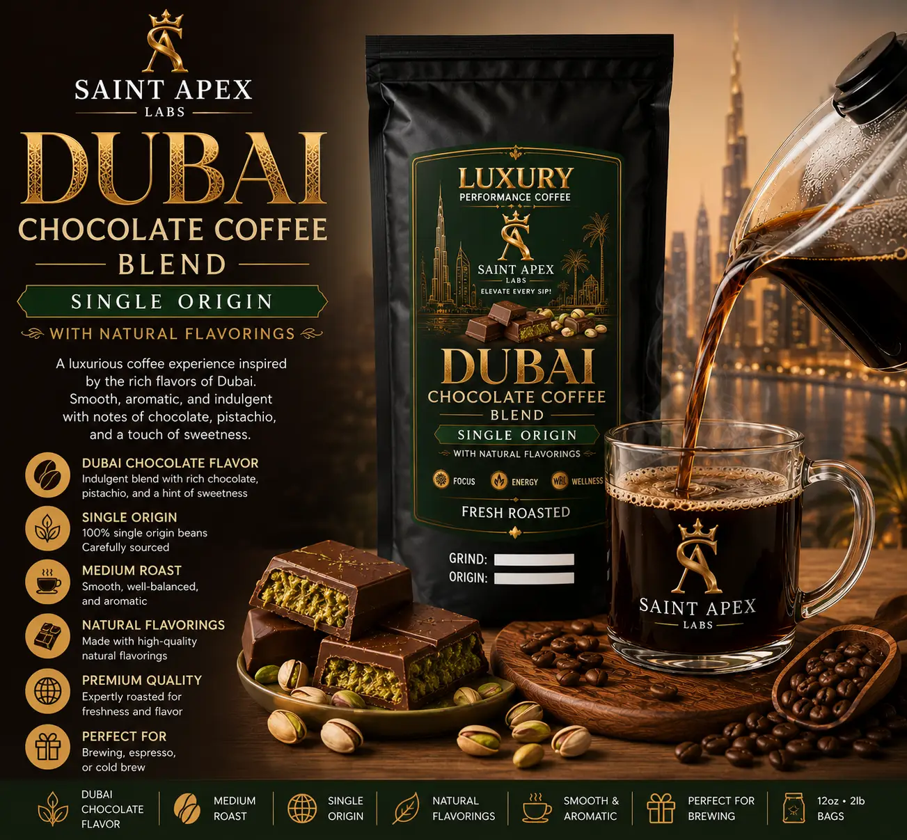 Dubai Chocolate Coffee Blend Single Origin With Natural Flavorings by DRIPSHIPPER