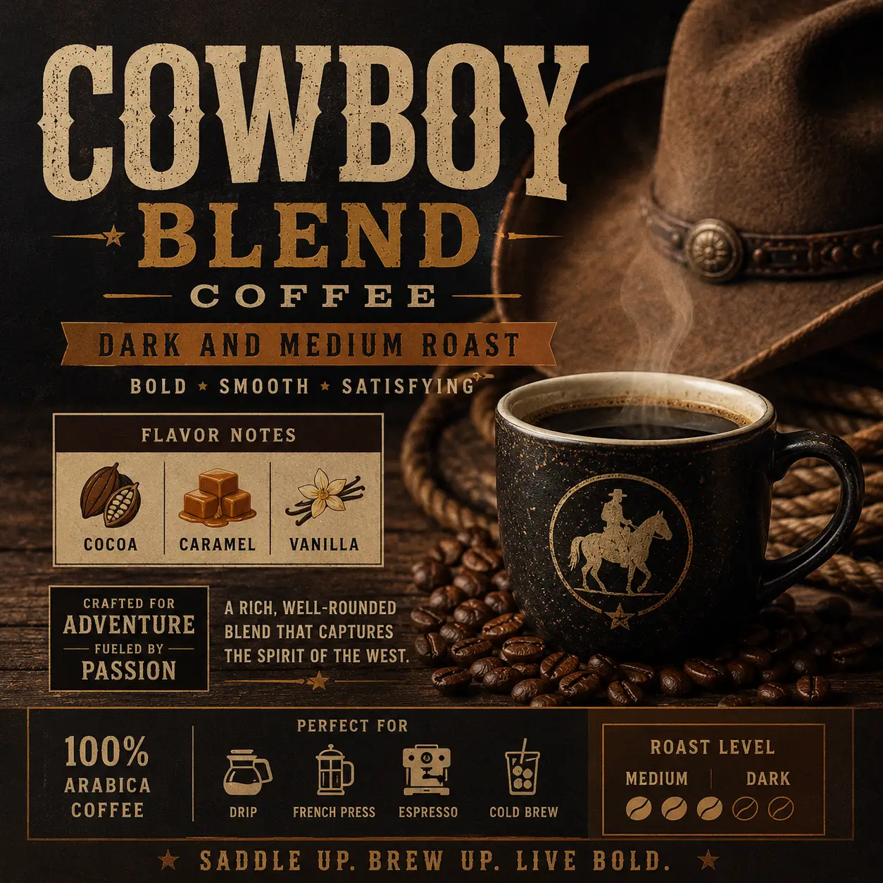Cowboy Blend Coffee Dark And Medium Roast With Cocoa Caramel Vanilla by DRIPSHIPPER
