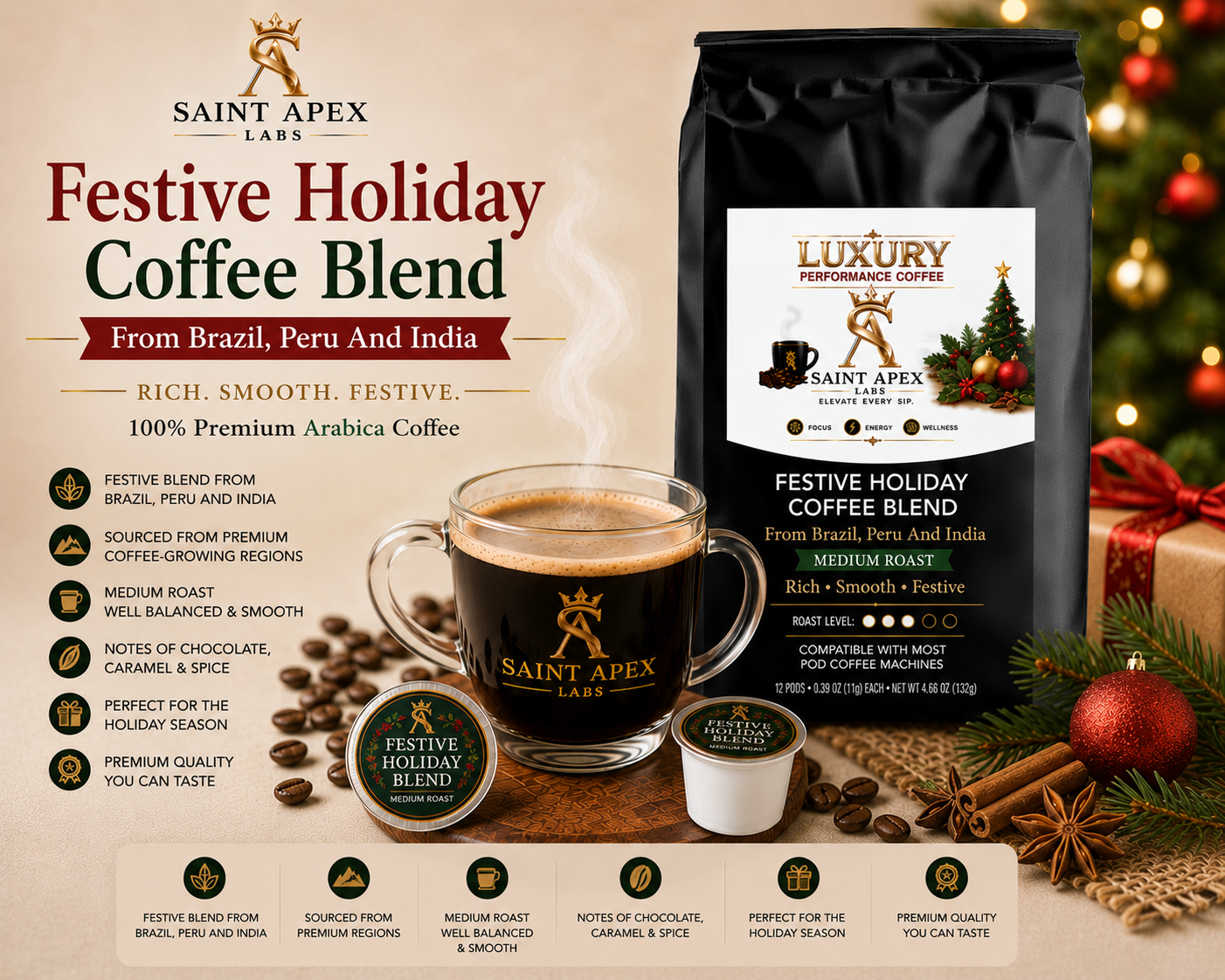 Festive Holiday Coffee Blend From Brazil Peru And India
