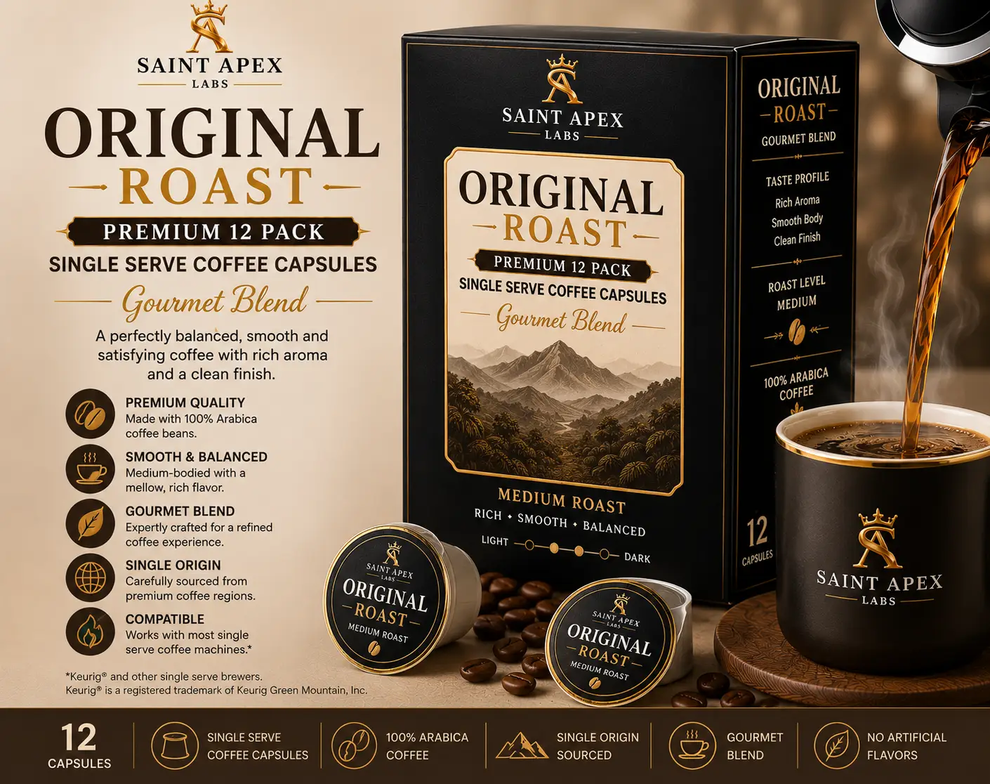 Original Roast Premium 12 Pack Single Serve Coffee Capsules Gourmet Blend by DRIPSHIPPER