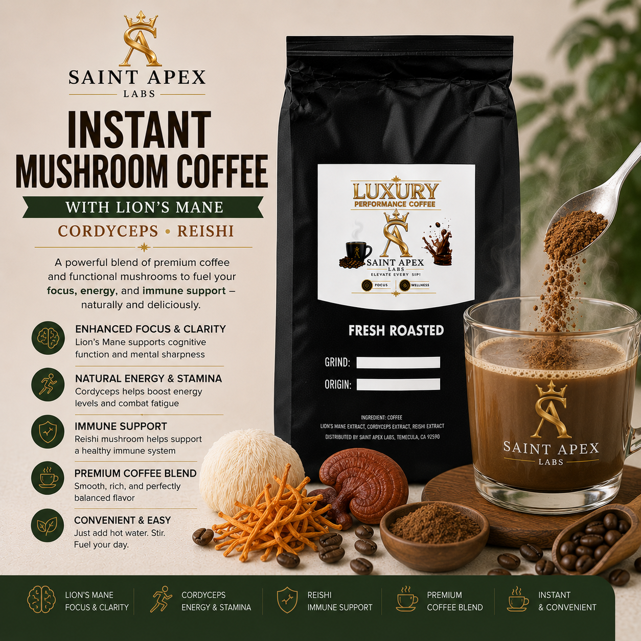 Instant Mushroom Coffee With Lion’s Mane Cordyceps Reishi
