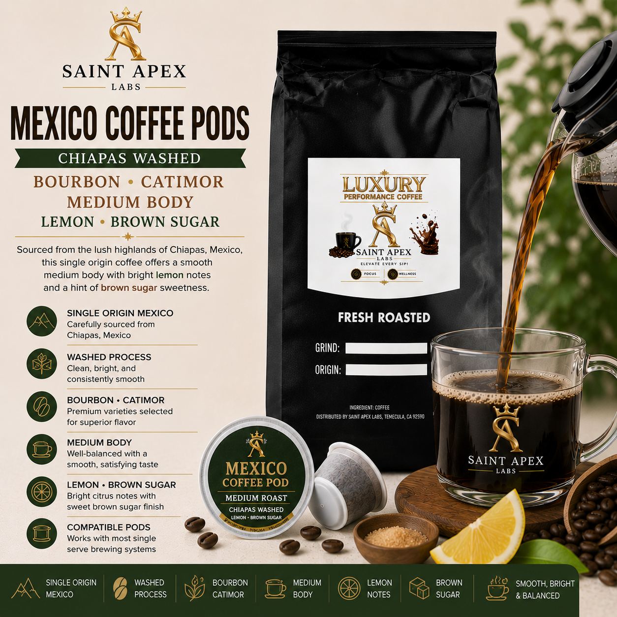 Mexico Coffee Pods Chiapas Washed Bourbon Catimor Medium Body Lemon Brown Sugar