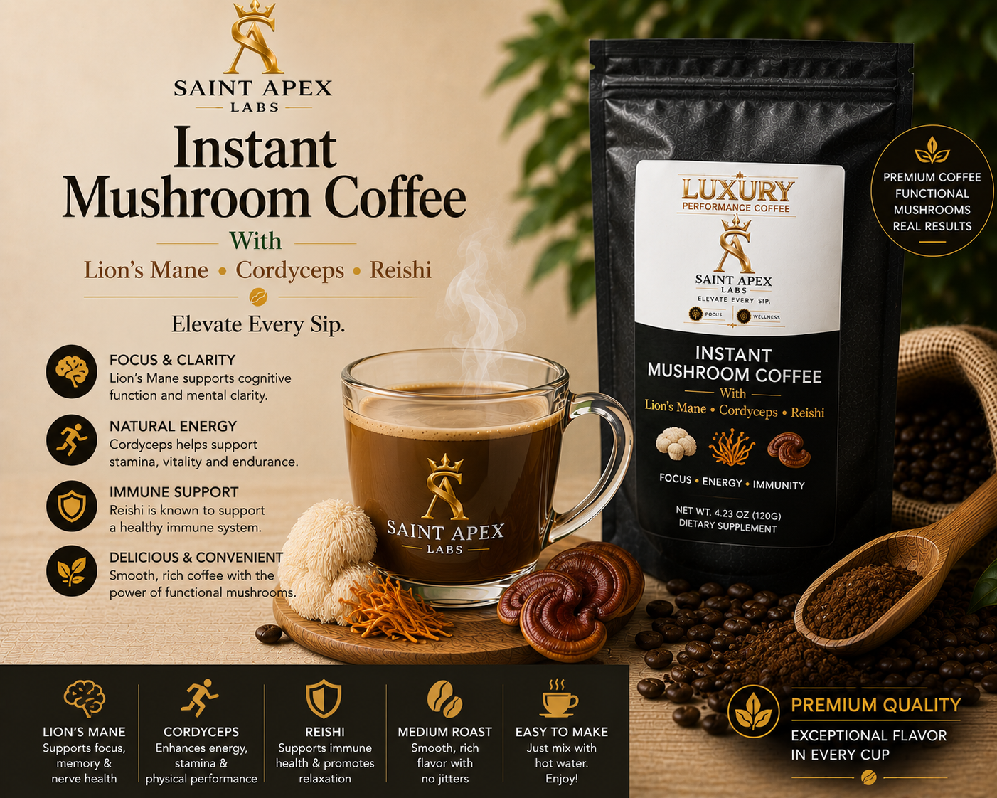 Instant Mushroom Coffee With Lion’s Mane Cordyceps Reishi