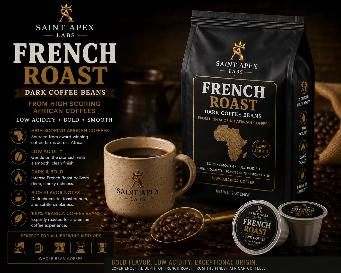 French Roast Dark Coffee Beans From High Scoring African Coffees Low Acidity by DRIPSHIPPER