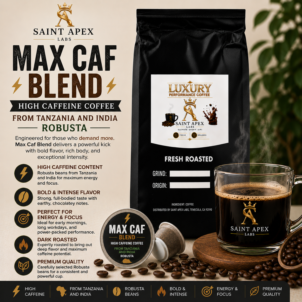 Max Caf Blend High Caffeine Coffee From Tanzania And India Robusta