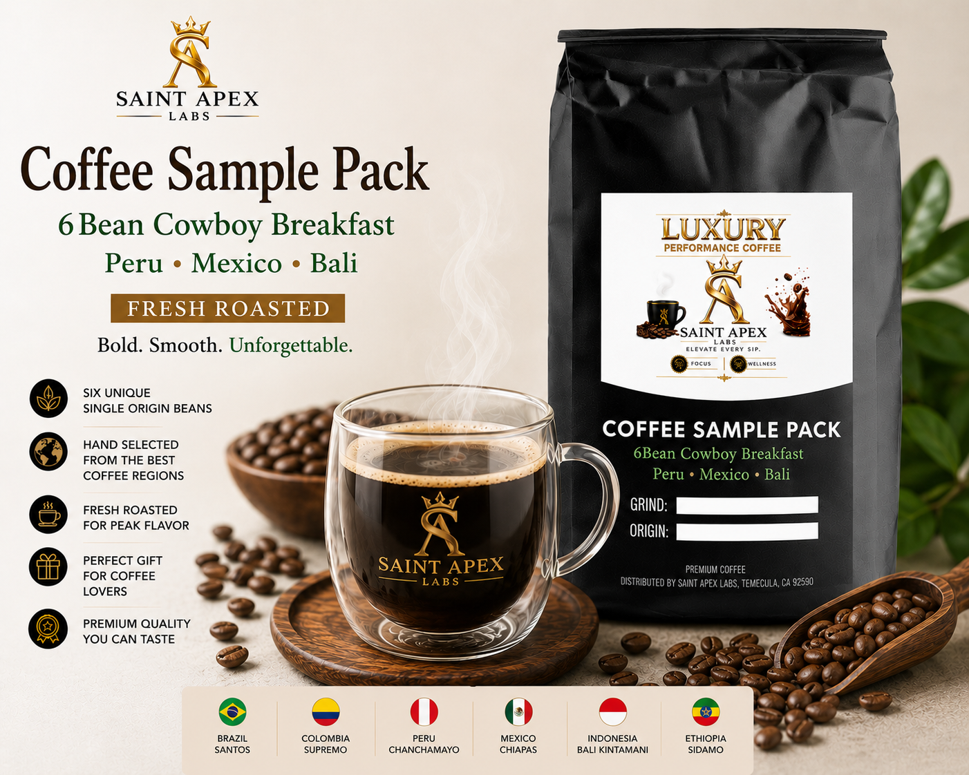 Coffee Sample Pack 6Bean Cowboy Breakfast Peru Mexico Bali