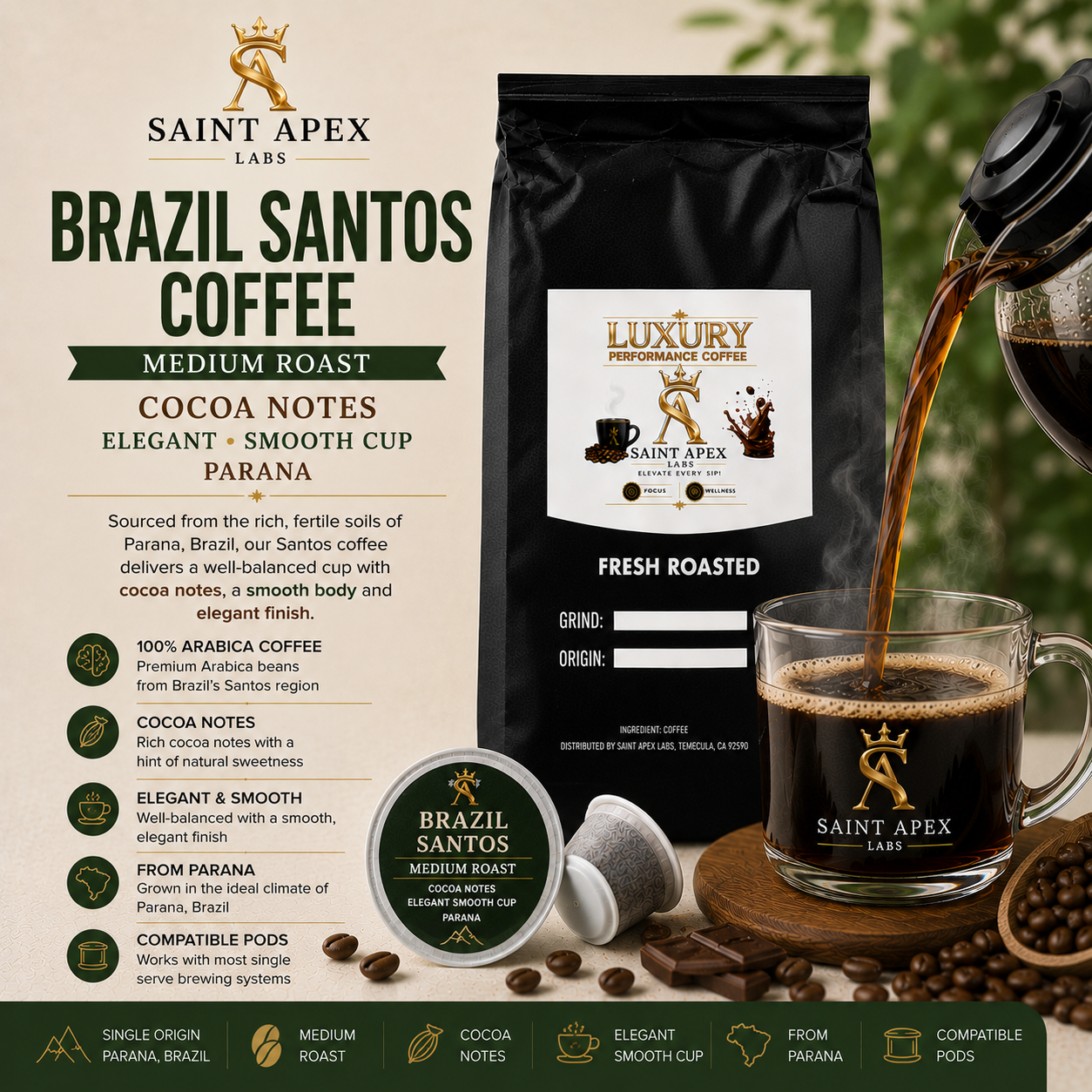Brazil Santos Coffee Medium Roast Cocoa Notes Elegant Smooth Cup Parana