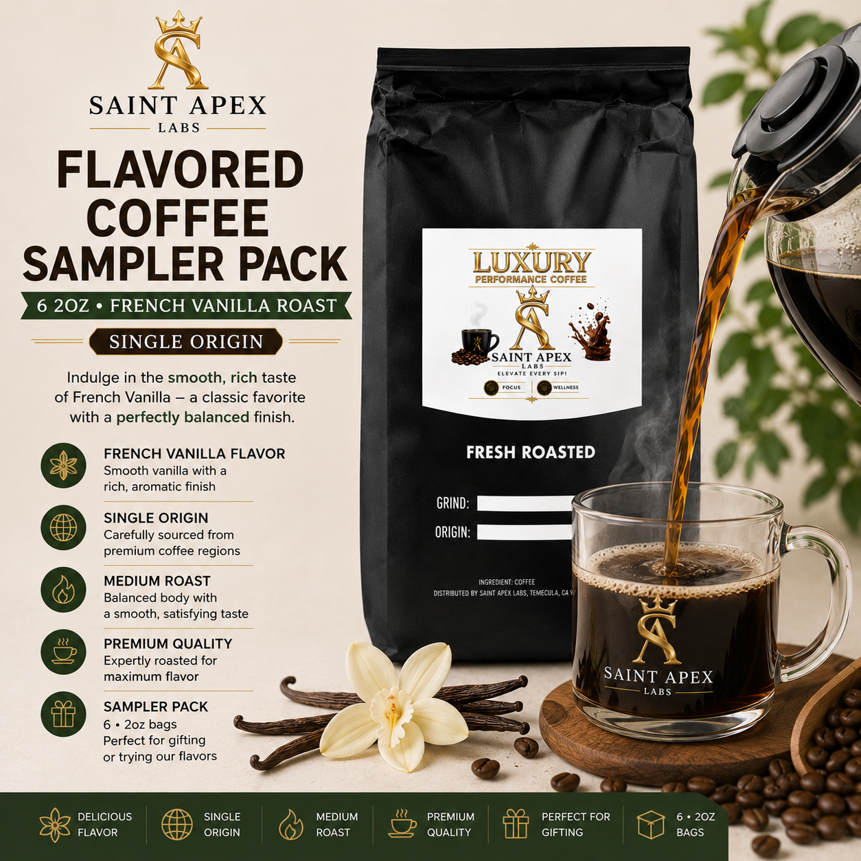 Single Origin Coffee Sampler Pack Six 2oz Brazil Santos Medium Roast