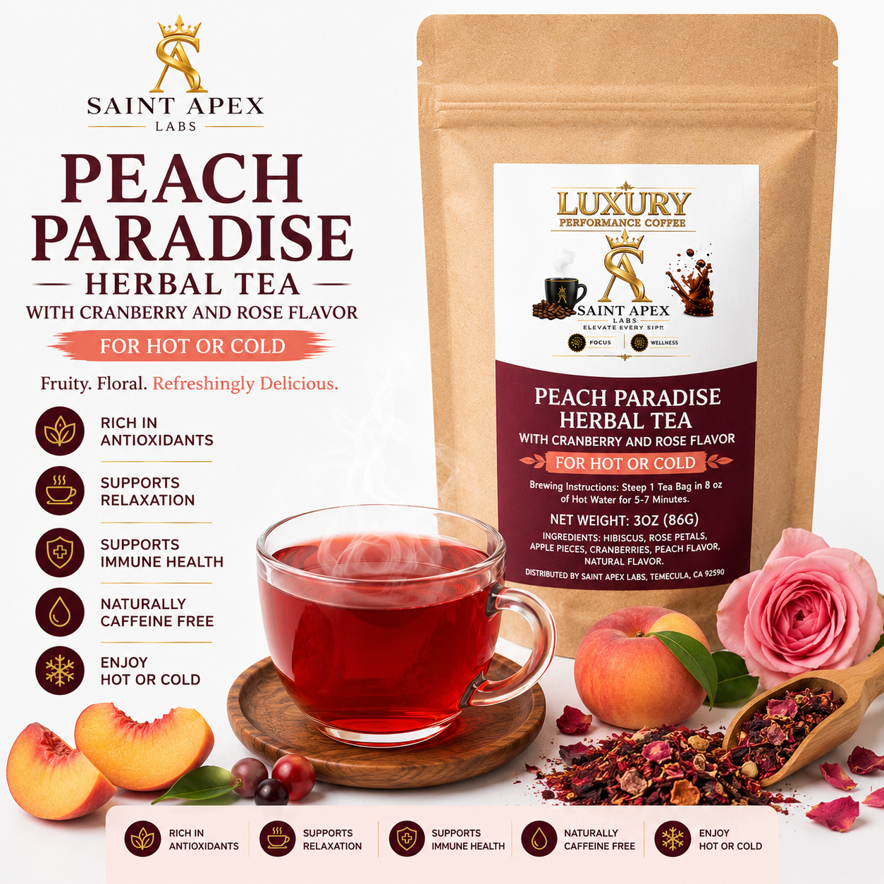 Peach Paradise Herbal Tea With Cranberry And Rose Flavor For Hot Or Cold