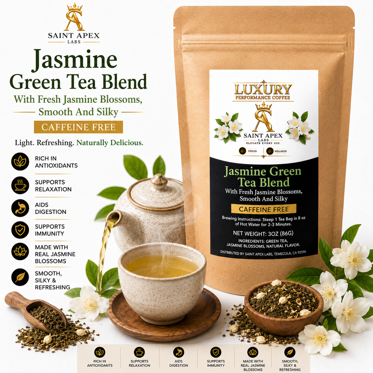 Jasmine Green Tea Blend With Fresh Jasmine Blossoms, Smooth And Silky