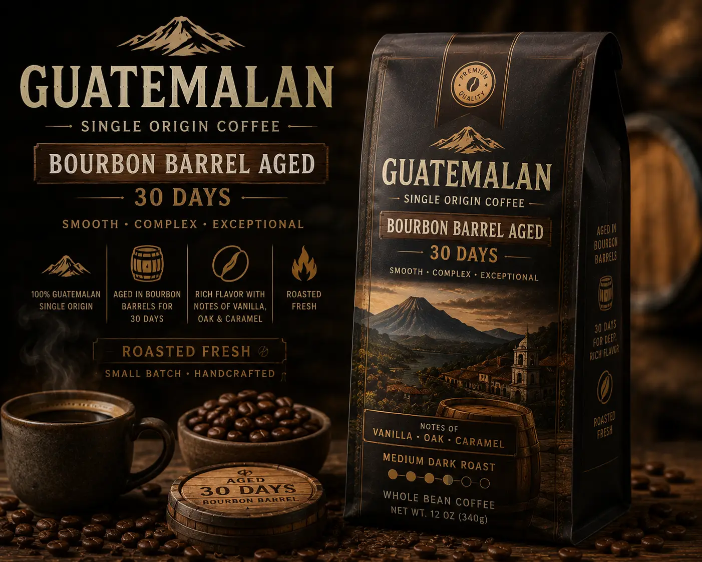 Guatemalan Single Origin Coffee Bourbon Barrel Aged 30 Days Roasted Fresh by DRIPSHIPPER