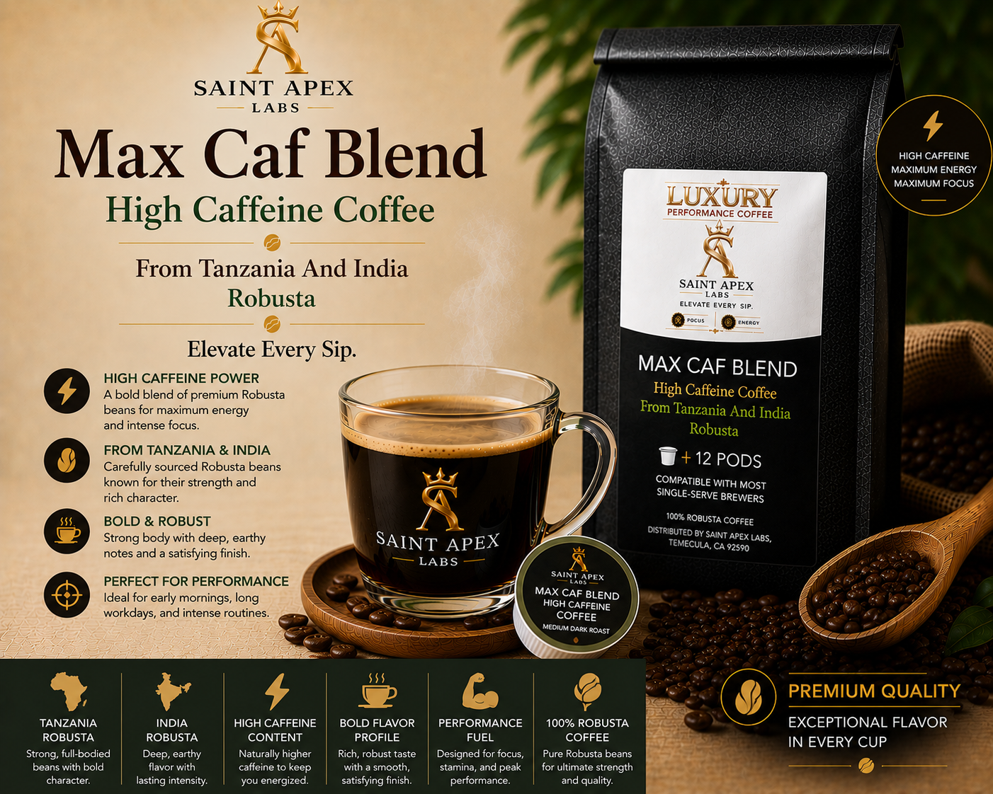 Max Caf Blend High Caffeine Coffee From Tanzania And India Robusta
