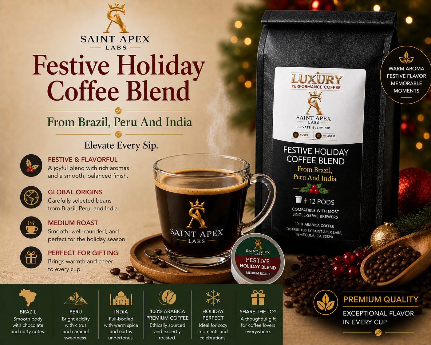 Festive Holiday Coffee Blend From Brazil Peru And India