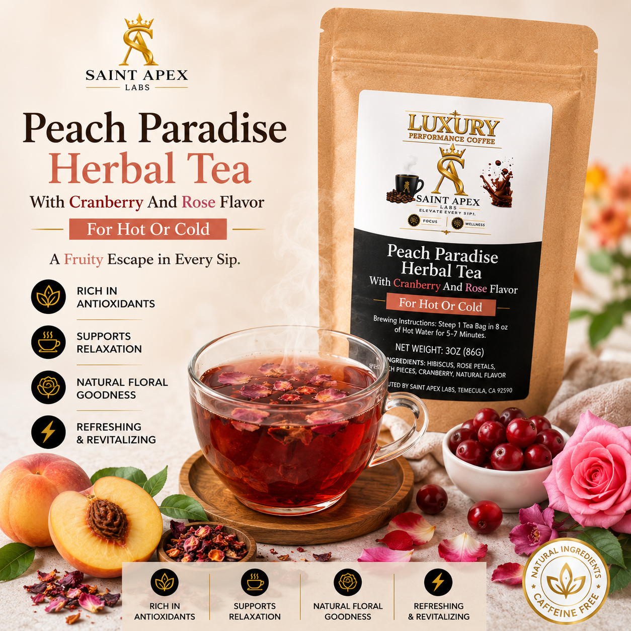Peach Paradise Herbal Tea With Cranberry And Rose Flavor For Hot Or Cold