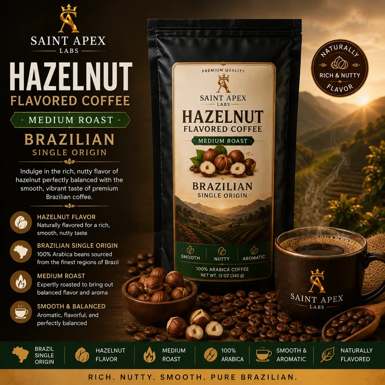 Hazelnut Flavored Coffee Medium Roast Brazilian Single Origin by SAINT APEX LABS