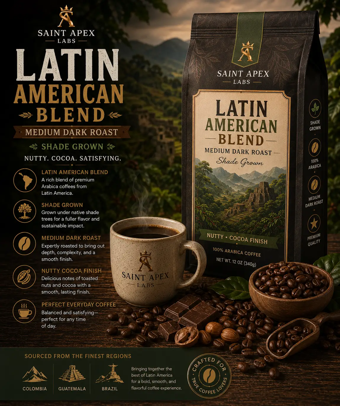 Latin American Blend Coffee Medium Dark Roast Shade Grown Nutty Cocoa Finish by DRIPSHIPPER
