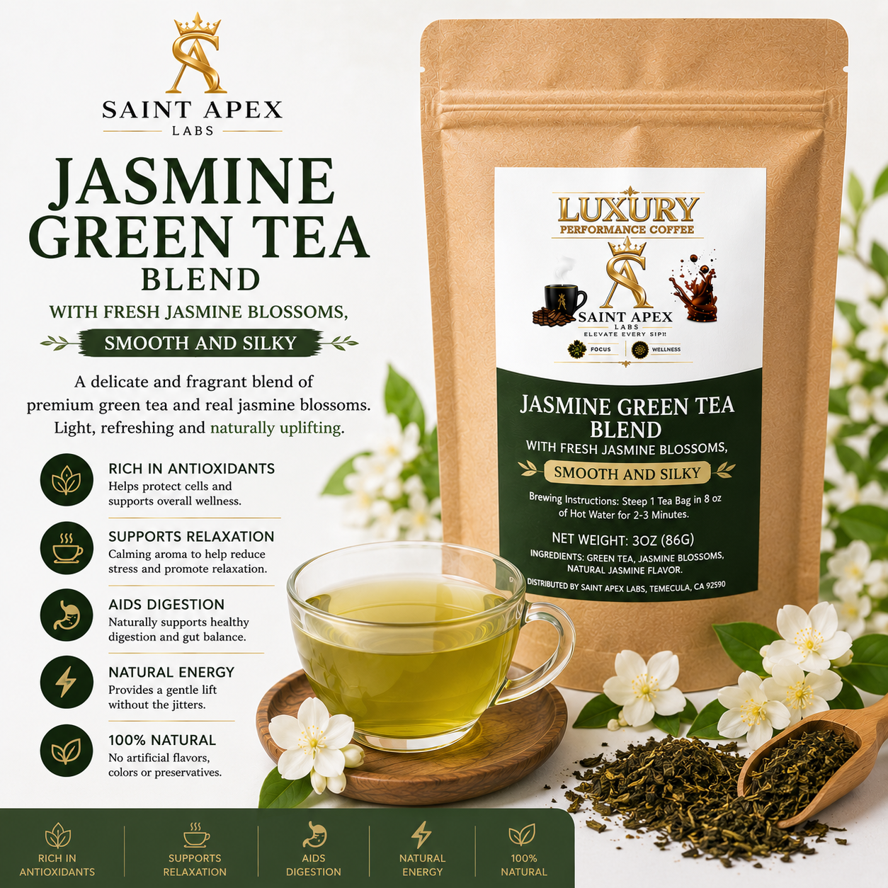 Jasmine Green Tea Blend With Fresh Jasmine Blossoms, Smooth And Silky