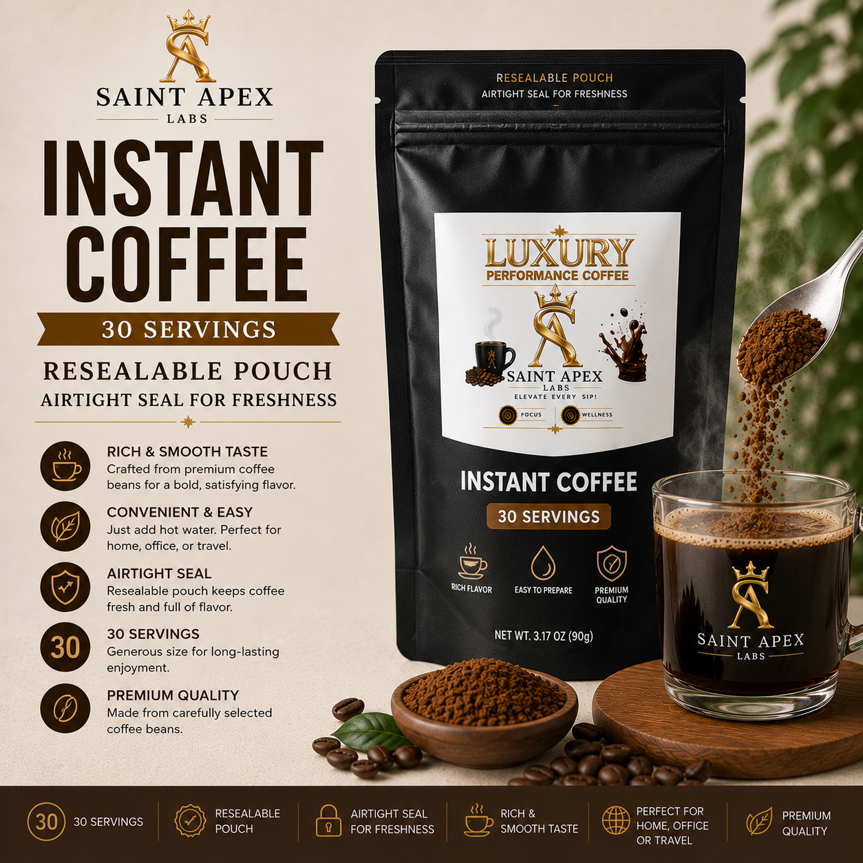 Instant Coffee 30 Servings Resealable Pouch Airtight Seal For Freshness