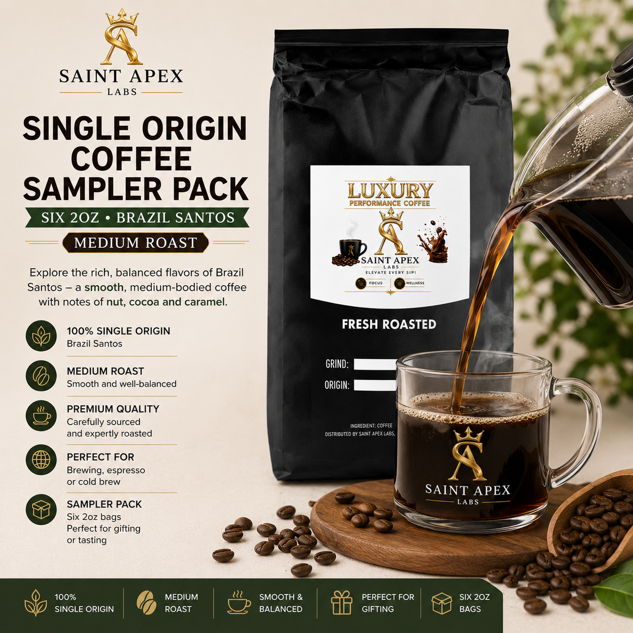 Single Origin Coffee Sampler Pack Six 2oz Brazil Santos Medium Roast