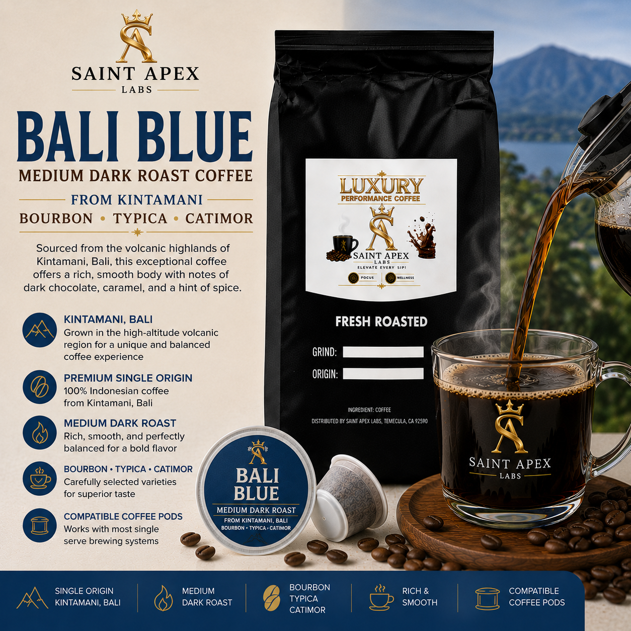 Bali Blue Medium Dark Roast Coffee From Kintamani Bourbon Typica Catimor