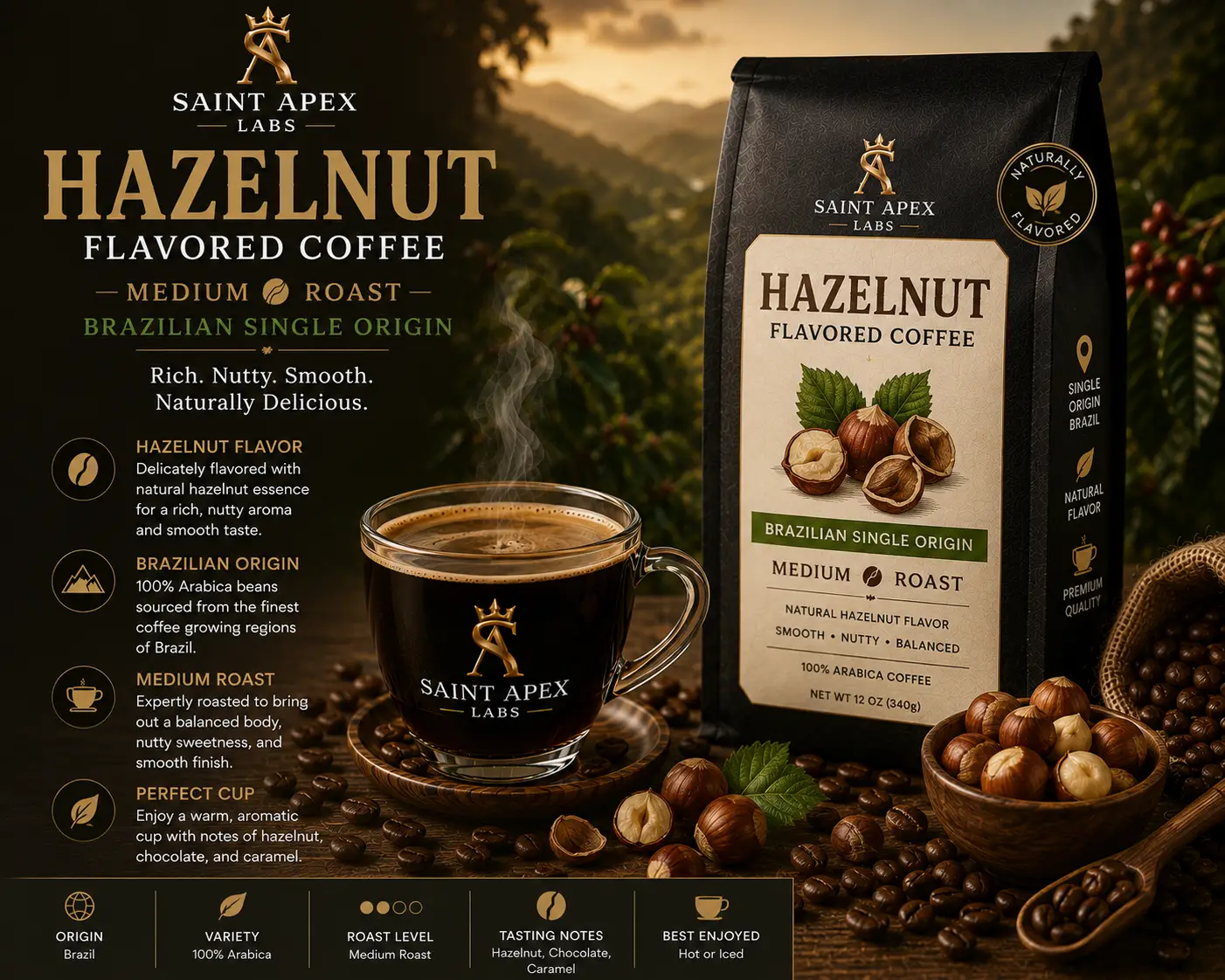 Hazelnut Flavored Coffee Medium Roast Brazilian Single Origin by SAINT APEX LABS