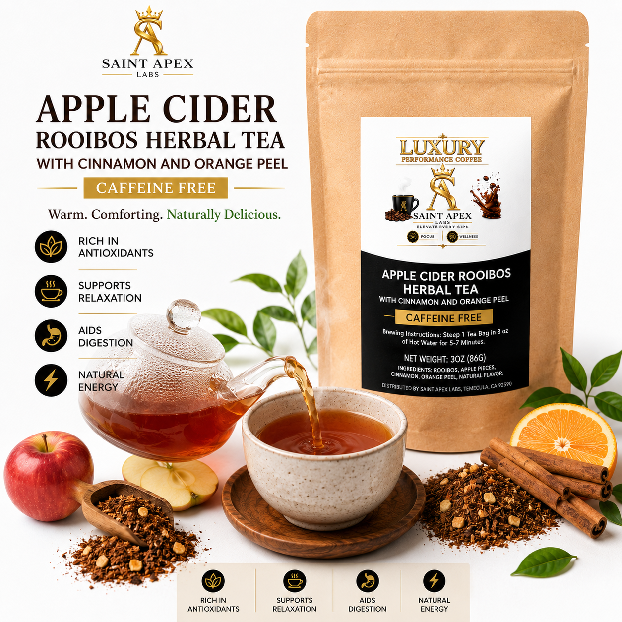 Apple Cider Rooibos Herbal Tea With Cinnamon And Orange Peel Caffeine Free