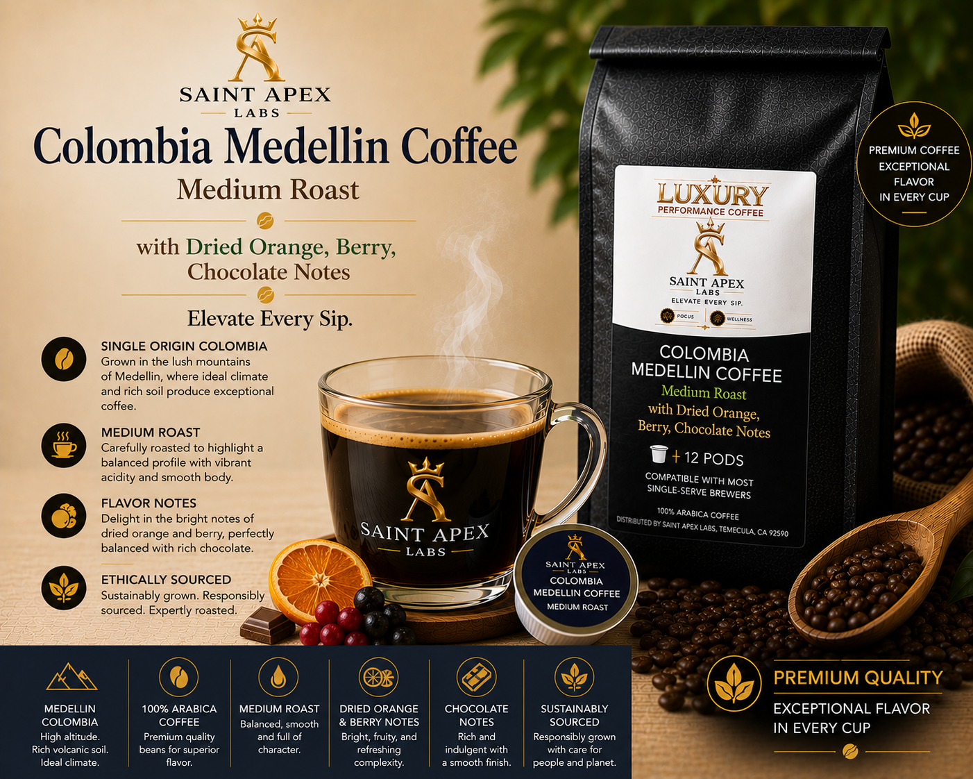 Colombia Medellin Coffee Medium Roast with Dried Orange Berry Chocolate Notes