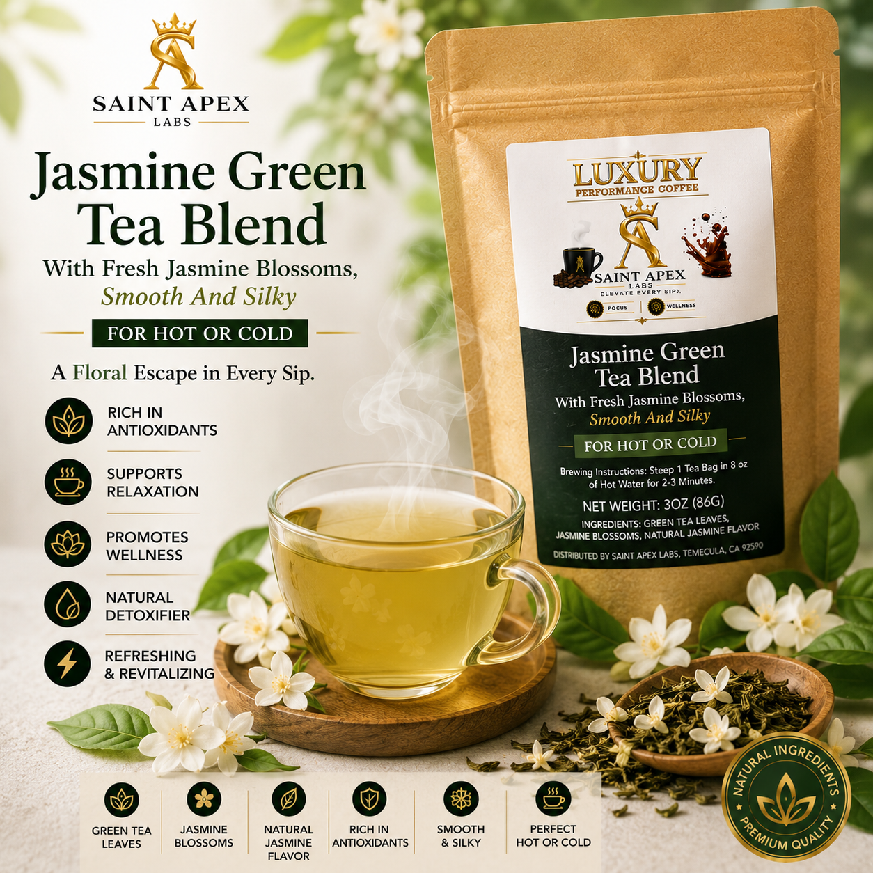 Jasmine Green Tea Blend With Fresh Jasmine Blossoms, Smooth And Silky