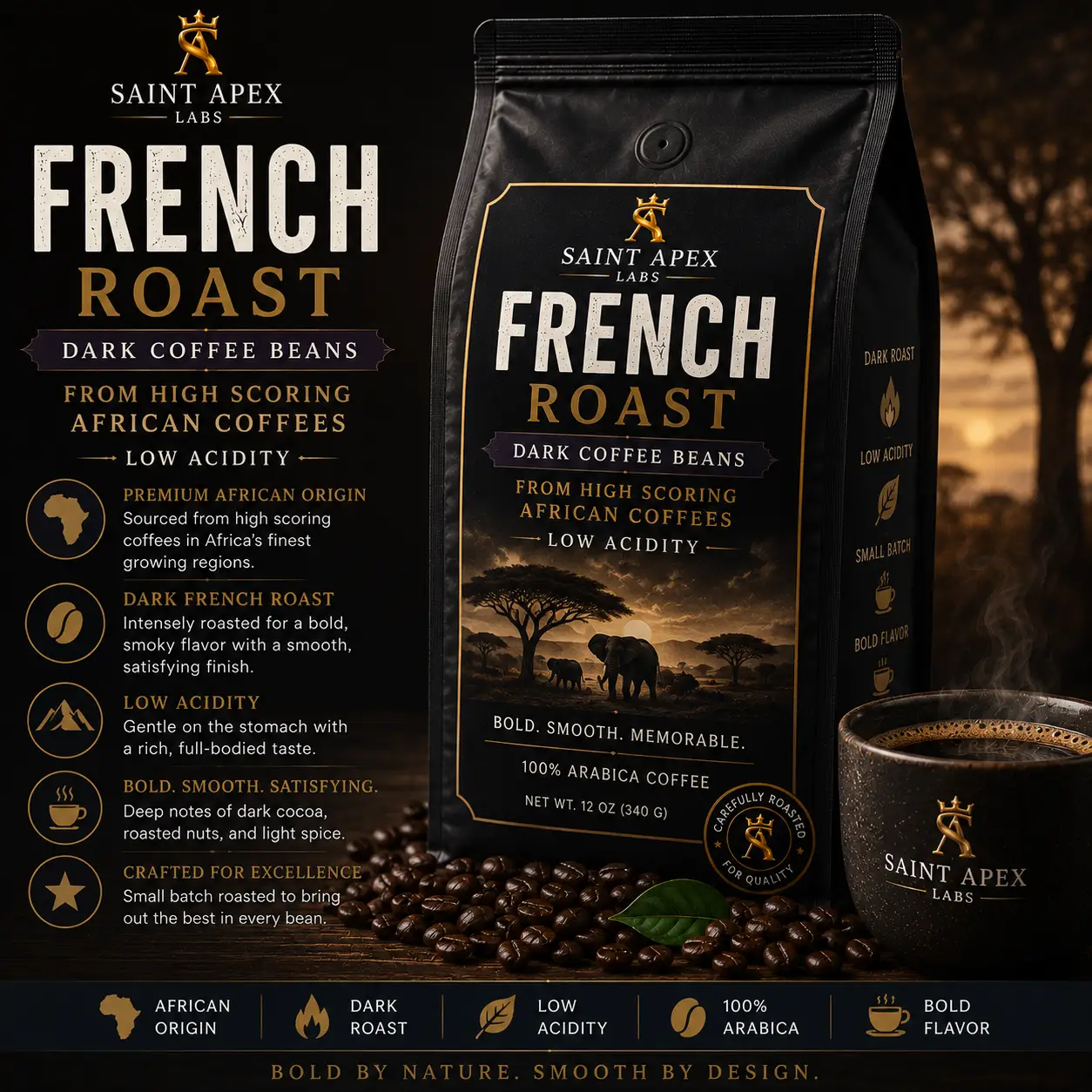 French Roast Dark Coffee Beans From High Scoring African Coffees Low Acidity by DRIPSHIPPER
