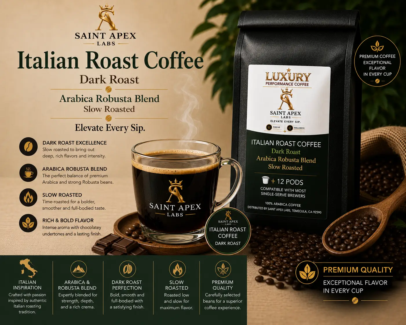 Italian Roast Coffee Dark Roast Arabica Robusta Blend Slow Roasted by DRIPSHIPPER