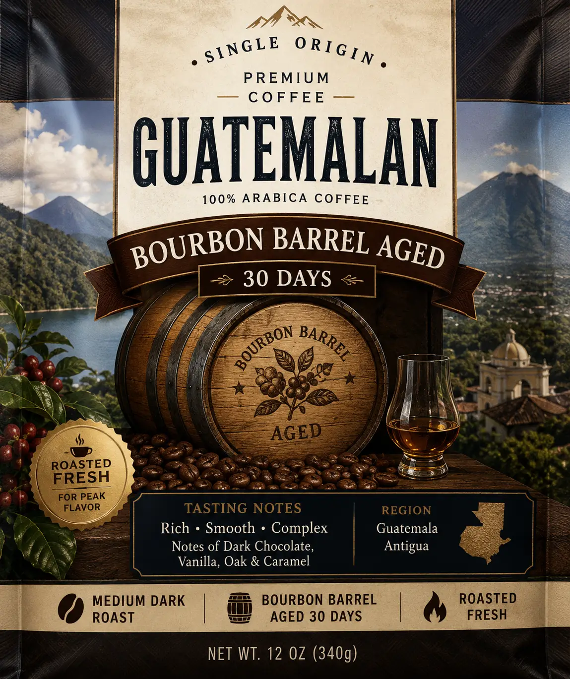 Guatemalan Single Origin Coffee Bourbon Barrel Aged 30 Days Roasted Fresh by DRIPSHIPPER
