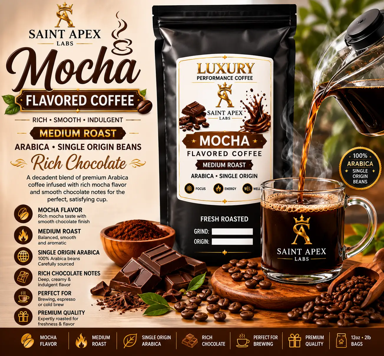 Mocha Flavored Coffee Medium Roast Arabica Single Origin Beans Rich Chocolate by DRIPSHIPPER