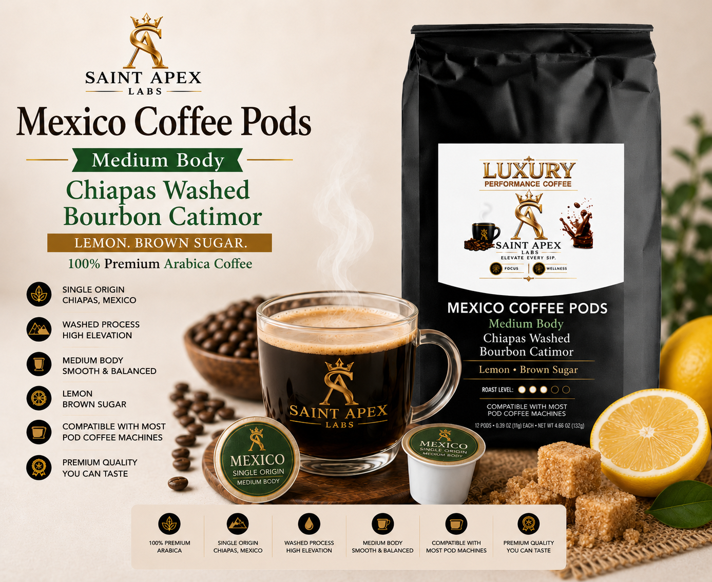 Mexico Coffee Pods Chiapas Washed Bourbon Catimor Medium Body Lemon Brown Sugar