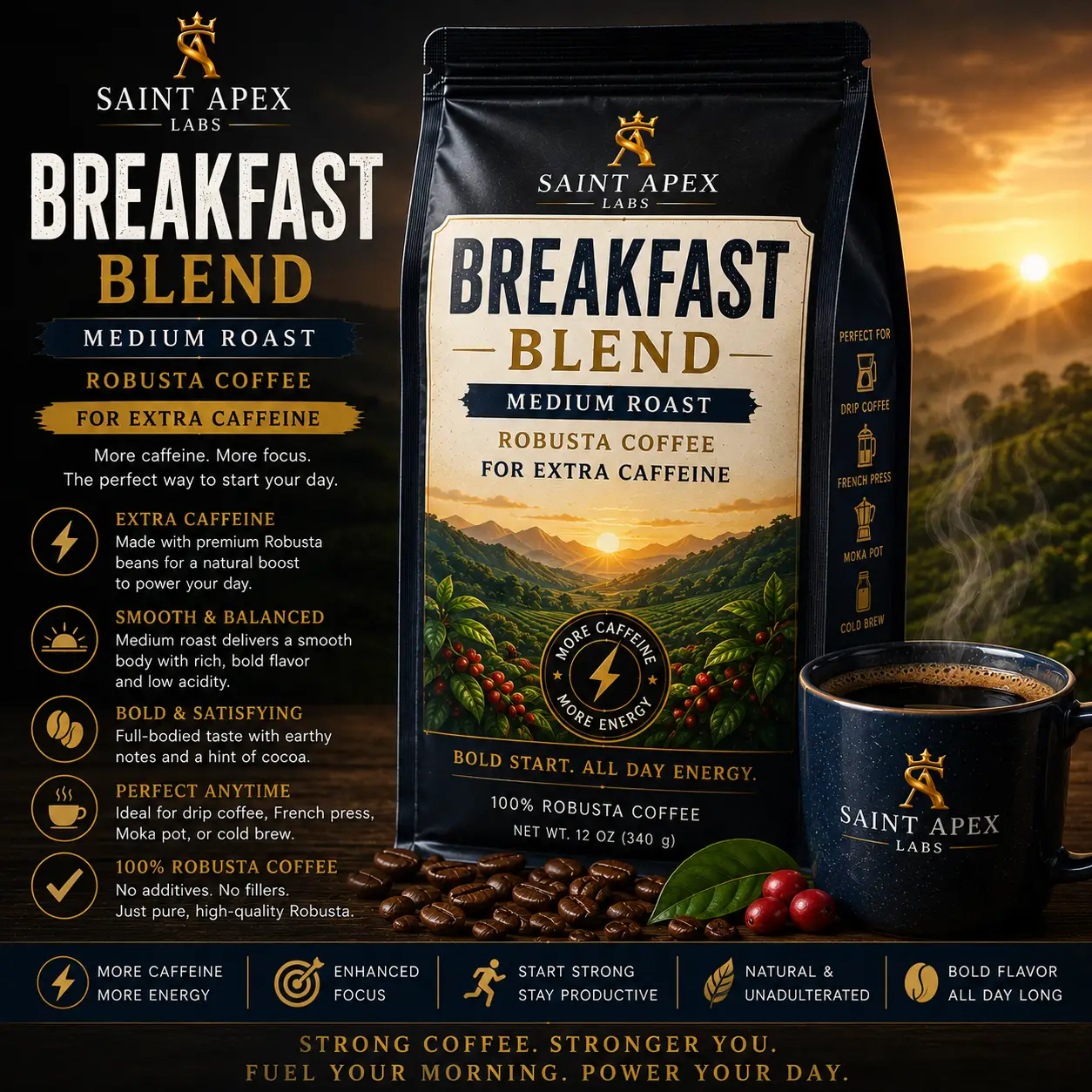 Breakfast Blend Medium Roast Robusta Coffee For Extra Caffeine by DRIPSHIPPER