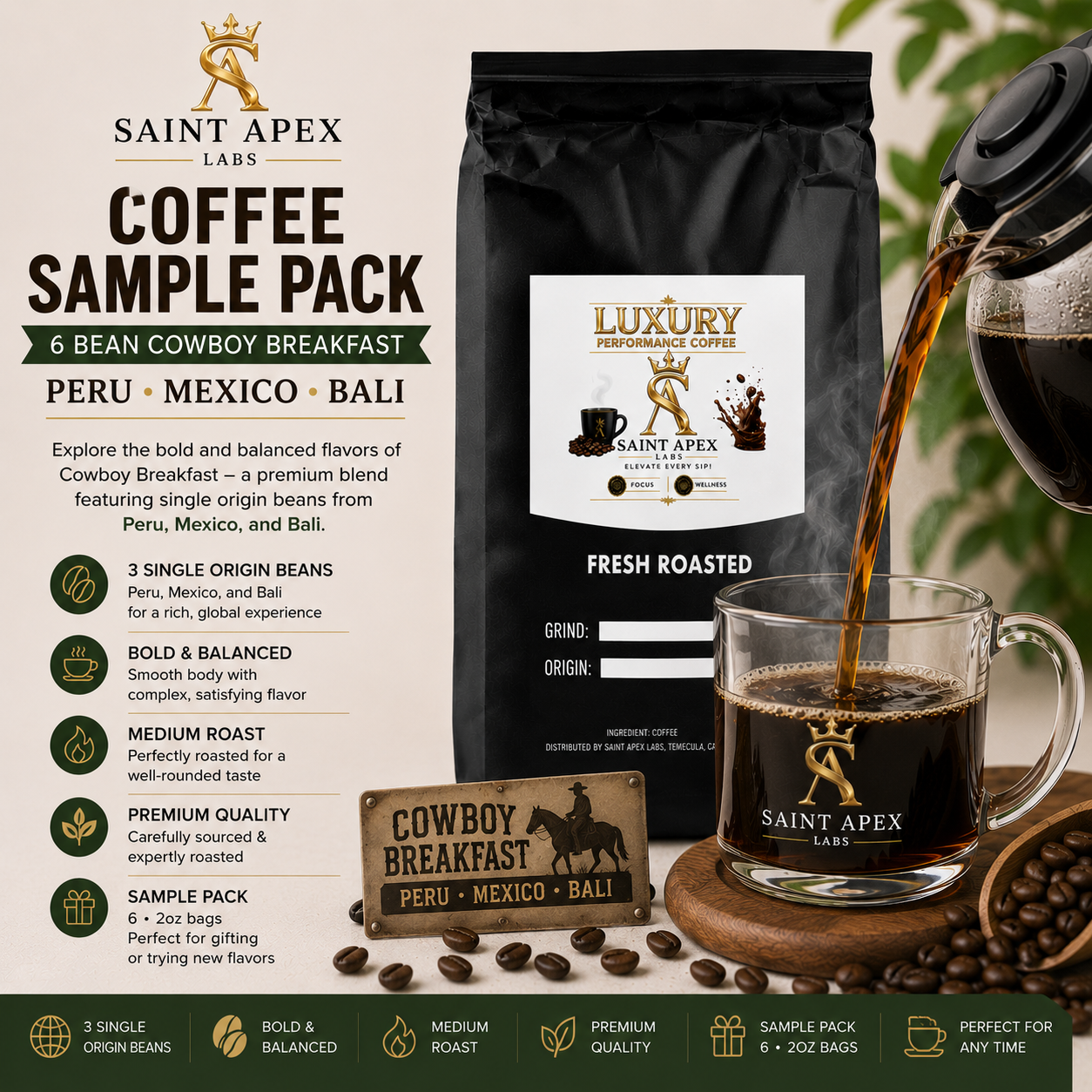 Coffee Sample Pack 6Bean Cowboy Breakfast Peru Mexico Bali