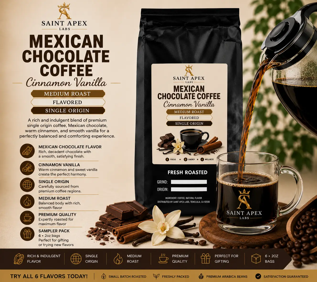 Mexican Chocolate Coffee Cinnamon Vanilla Medium Roast Flavored Single Origin by DRIPSHIPPER
