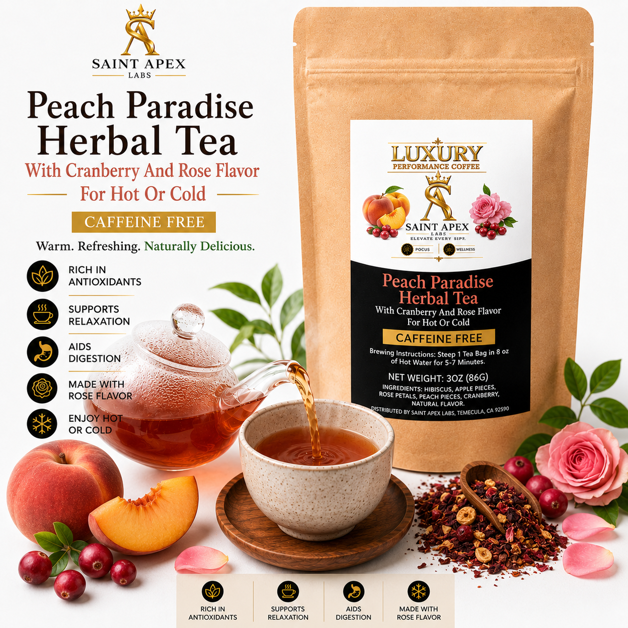 Peach Paradise Herbal Tea With Cranberry And Rose Flavor For Hot Or Cold