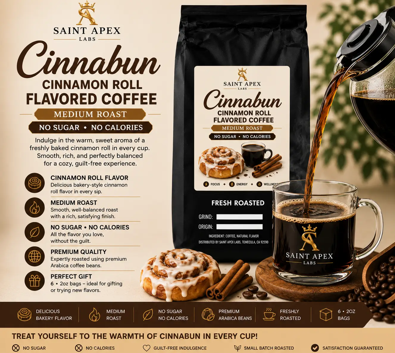 Cinnabun Cinnamon Roll Flavored Coffee Medium Roast No Sugar No Calories by DRIPSHIPPER