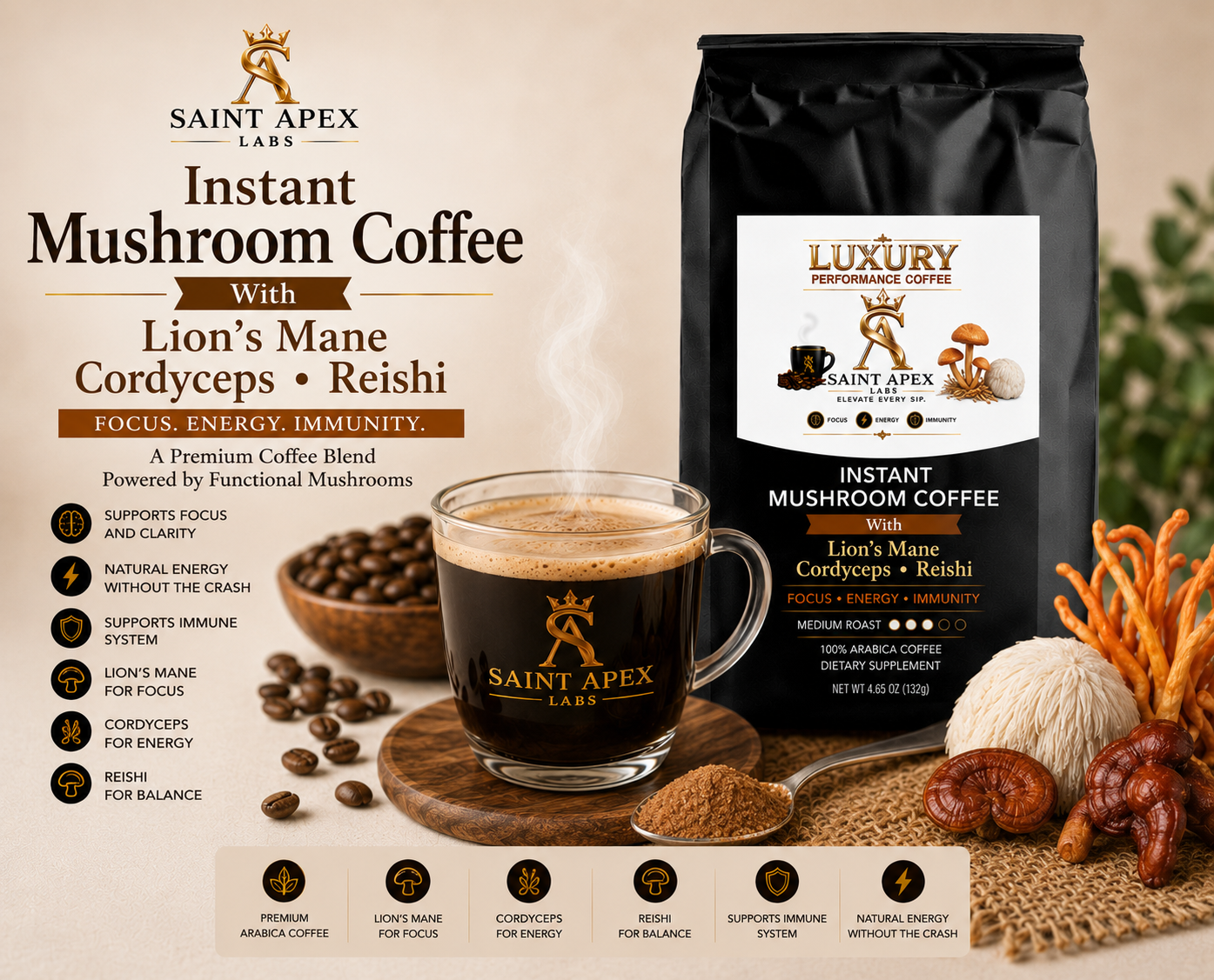 Instant Mushroom Coffee With Lion’s Mane Cordyceps Reishi